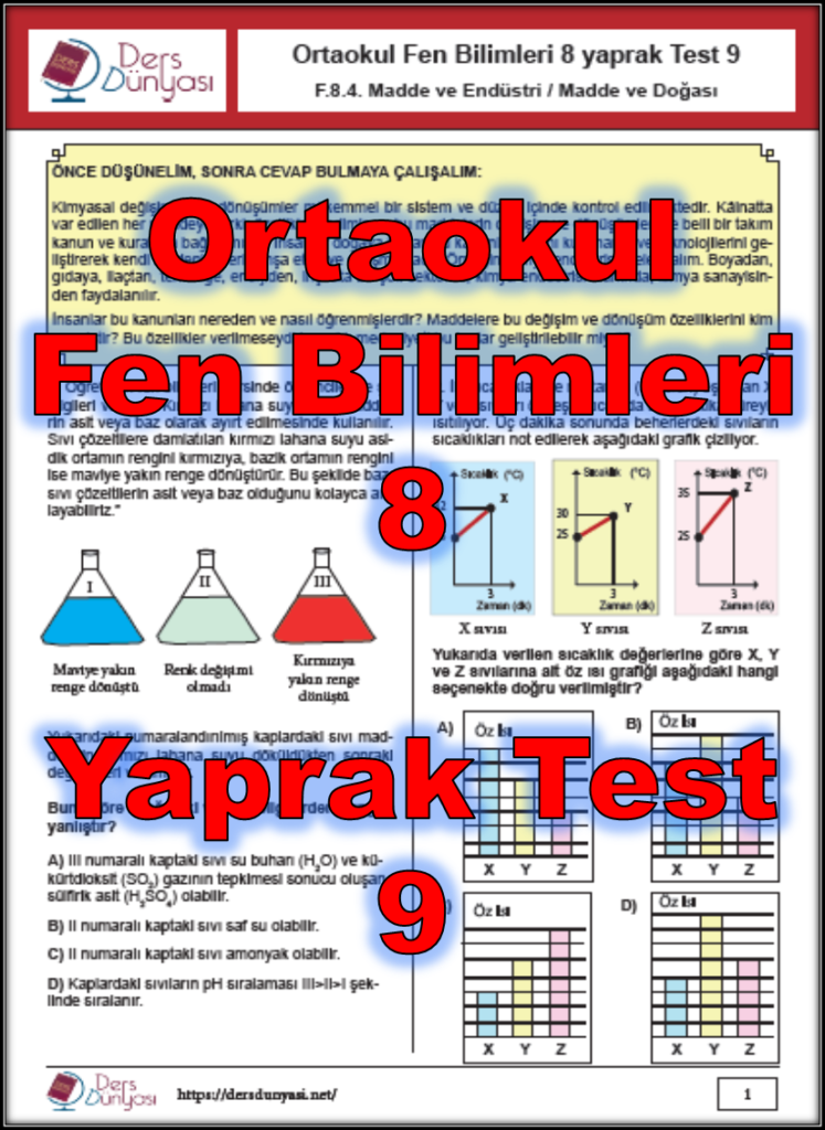 Ortaokul Fen Bilimleri 8 Yaprak Test 9