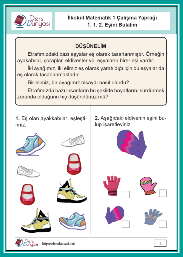 İlkokul Matematik 1 Çalışma Yaprağı 1. 1. 2. Eşini Bulalım