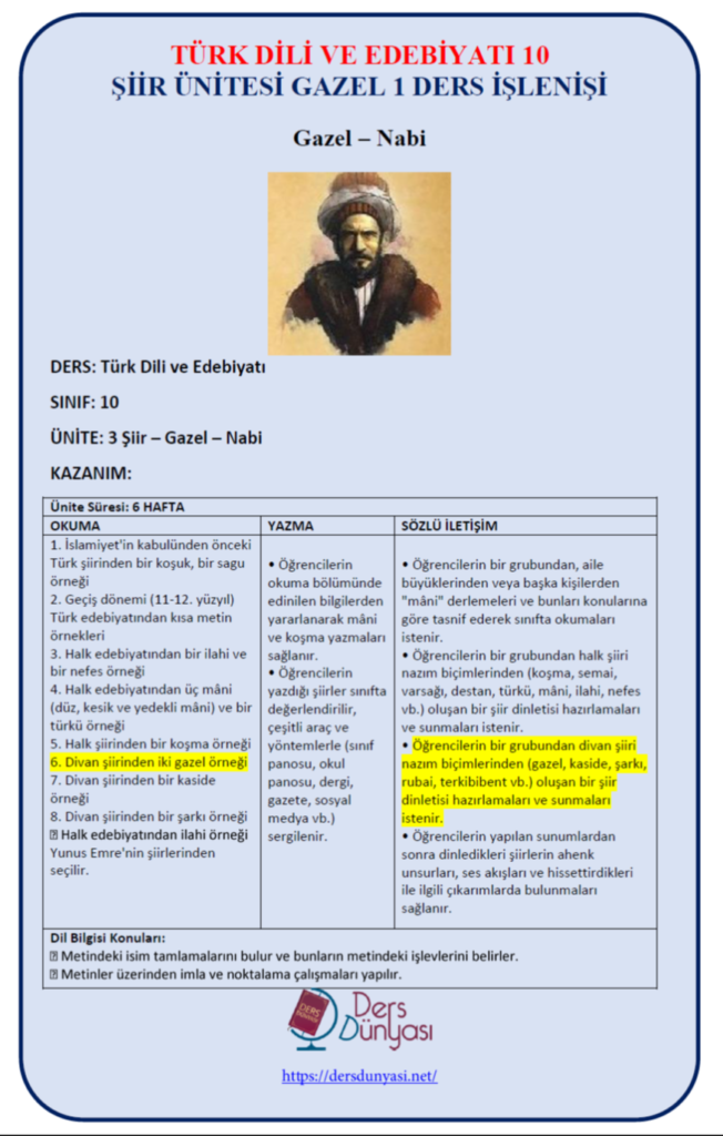 Türk Dili ve Edebiyatı 10 Ders İşlenişi 3. Ünite: Şiir 3. 6. Divan Şiirinden Gazel Örneği 1