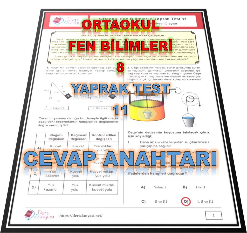 Ortaokul Fen Bilimleri 8 Yaprak Test 11 CEVAP ANAHTARI