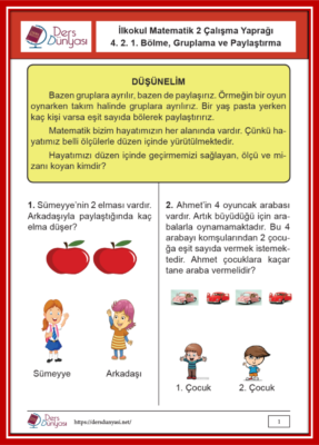 İlkokul Matematik 2 Çalışma Yaprağı 4. 2. 1. Bölme, Gruplama ve Paylaştırma,