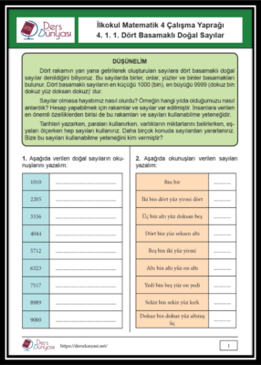 İlkokul Matematik 4 Çalışma Yaprağı 4. 1. 1. Dört Basamaklı Doğal Sayılar