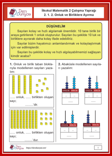İlkokul Matematik 2 Çalışma Yaprağı 2. 1. 2. Onluk ve Birliklere Ayırma