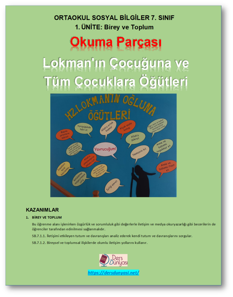 ORTAOKUL SOSYAL BİLGİLER 7. SINIF - OKUMA PARÇASI - Lokman'ın Çocuğuna ve Tüm Çocuklara Öğütleri