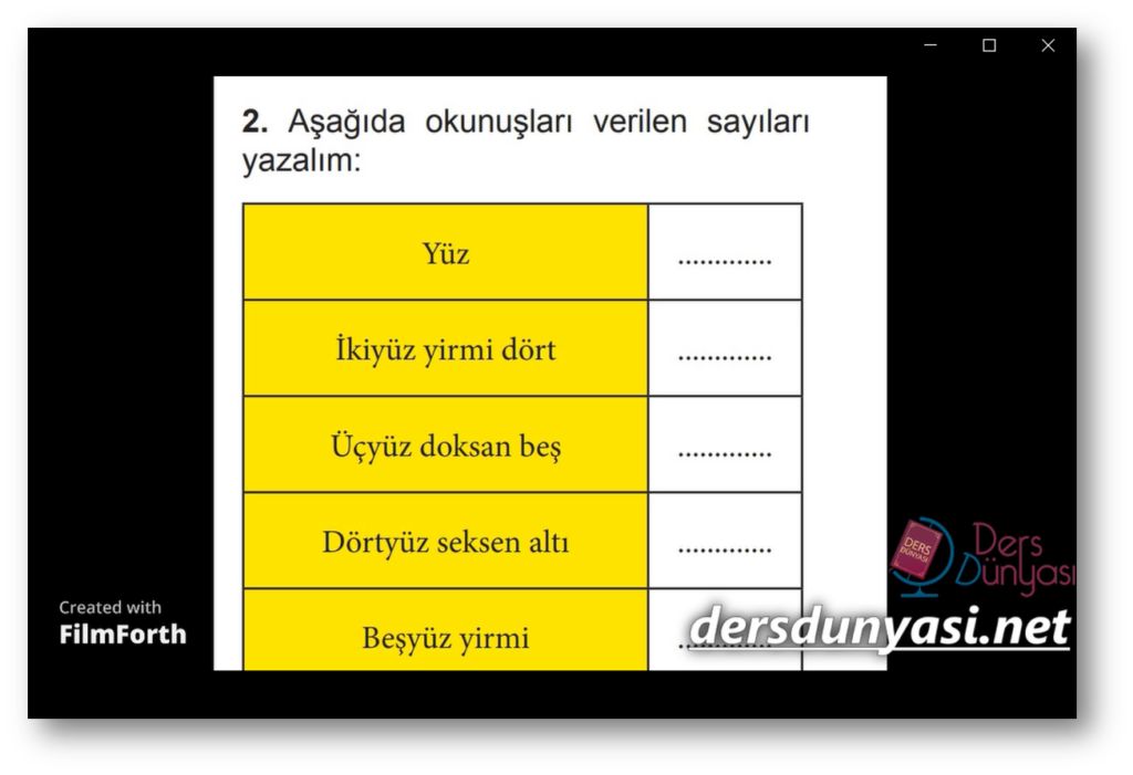 İlköğretim İlkokul Matematik Bir Soru Bir Cevap -Okunuşları verilen 3 basamaklı sayıları yazmak