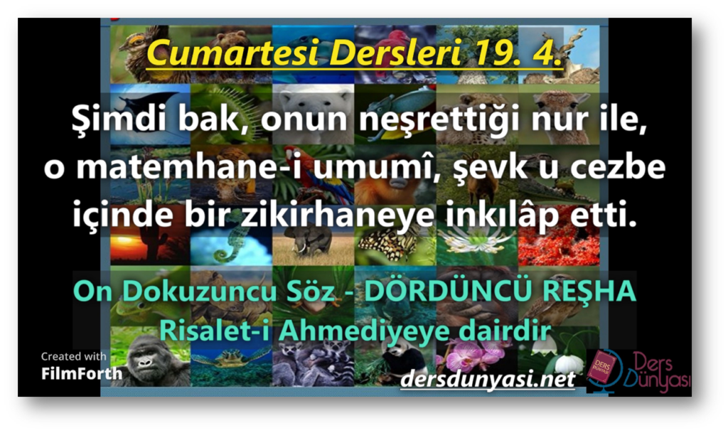 DÖRDÜNCÜ REŞHA Şimdi bak, onun neşrettiği nur ile, o matemhane-i umumî, şevk u cezbe içinde bir zikirhaneye inkılâp etti. - Cumartesi Dersleri 19. 4.