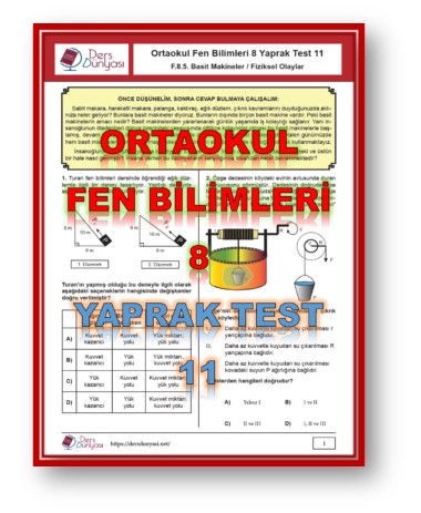 Ortaokul Fen Bilimleri 8. Sınıf Yaprak Test 11 - Basit Makineler Fiziksel Olaylar