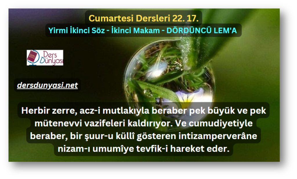 Herbir zerre, acz-i mutlakıyla beraber pek büyük ve pek mütenevvi vazifeleri kaldırıyor. Ve cumudiyetiyle beraber, bir şuur-u küllî gösteren intizamperverâne nizam-ı umumîye tevfik-i hareket eder. - Cumartesi Dersleri 22. 17.