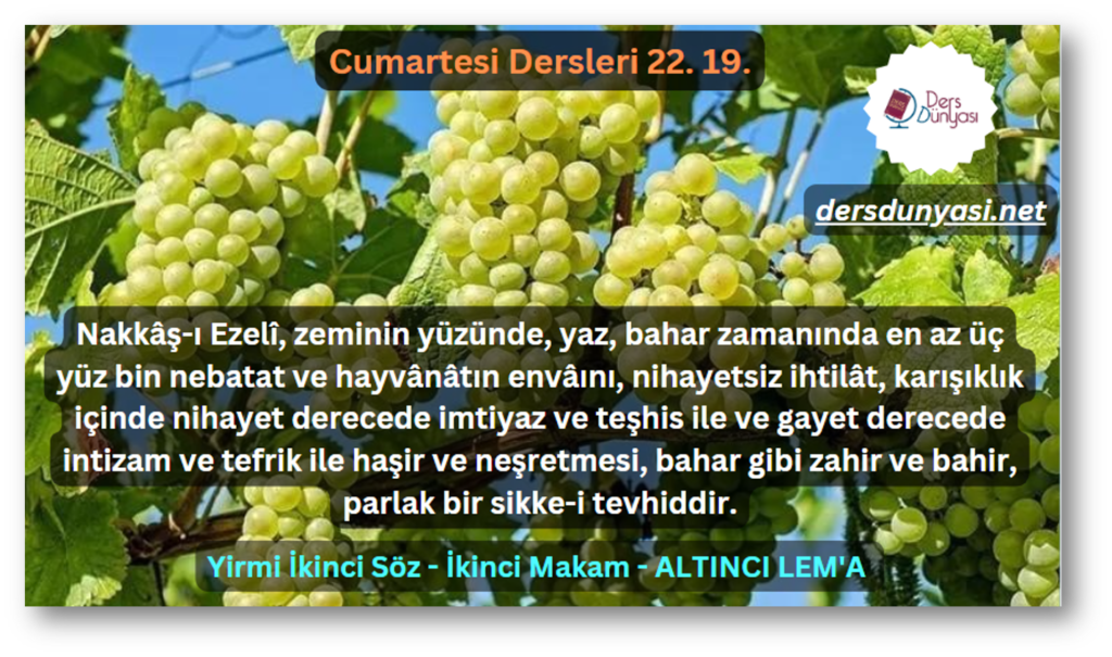 Nakkâş-ı Ezelî, zeminin yüzünde, yaz, bahar zamanında en az üç yüz bin nebatat ve hayvânâtın envâını, nihayetsiz ihtilât, karışıklık içinde nihayet derecede imtiyaz ve teşhis ile ve gayet derecede intizam ve tefrik ile haşir ve neşretmesi, bahar gibi zahir ve bahir, parlak bir sikke-i tevhiddir. - Cumartesi Dersleri 22. 19.