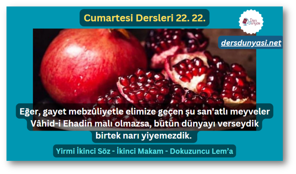 Eğer, gayet mebzûliyetle elimize geçen şu san'atlı meyveler Vâhid-i Ehadin malı olmazsa, bütün dünyayı verseydik birtek narı yiyemezdik. - Cumartesi Dersleri 22. 22.