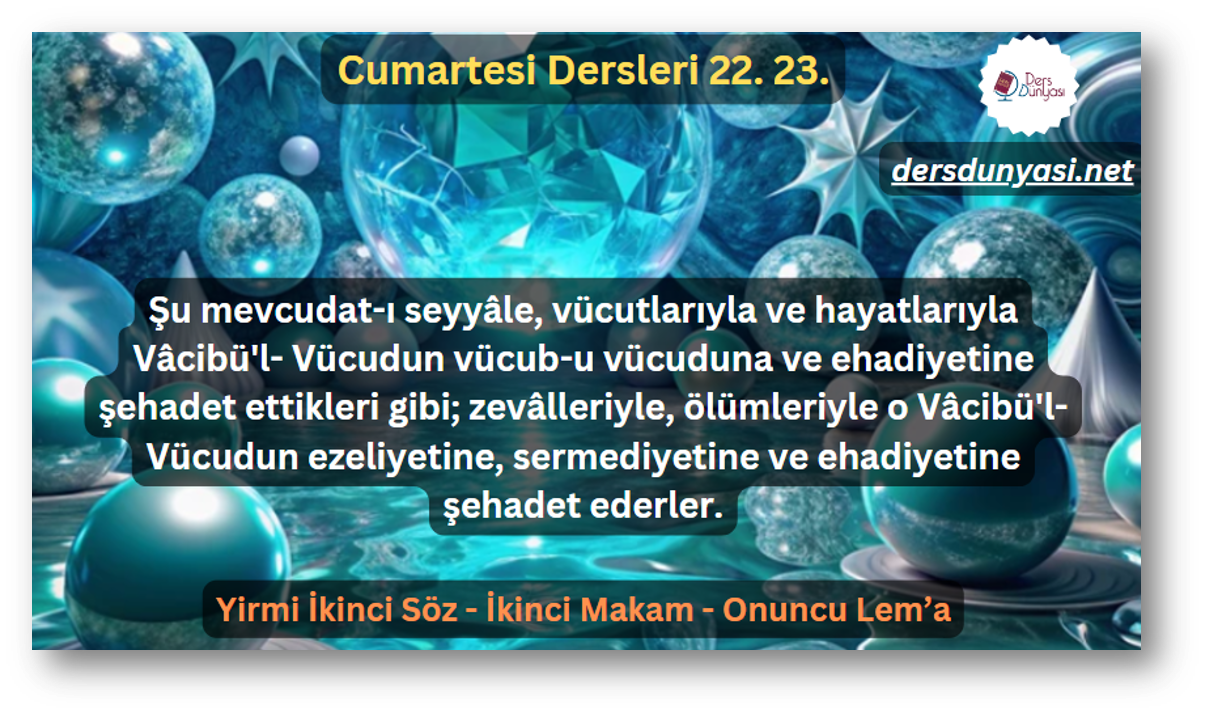 Şu mevcudat-ı seyyâle, vücutlarıyla ve hayatlarıyla Vâcibü'l- Vücudun vücub-u vücuduna ve ehadiyetine şehadet ettikleri gibi; zevâlleriyle, ölümleriyle o Vâcibü'l- Vücudun ezeliyetine, sermediyetine ve ehadiyetine şehadet ederler. - Cumartesi Dersleri 22. 23.