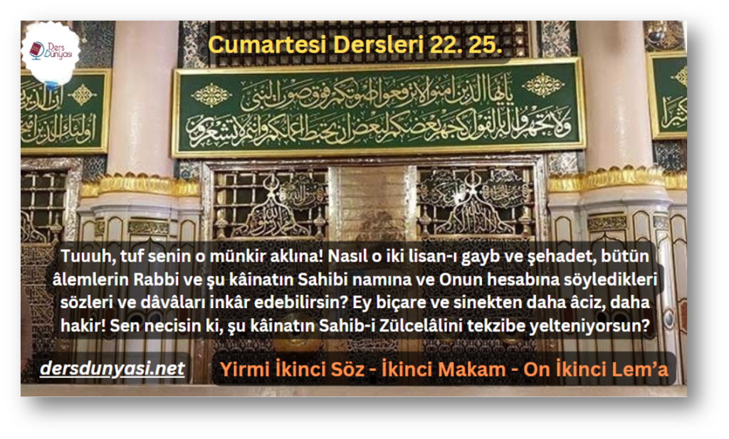 Tuuuh, tuf senin o münkir aklına! Nasıl o iki lisan-ı gayb ve şehadet, bütün âlemlerin Rabbi ve şu kâinatın Sahibi namına ve Onun hesabına söyledikleri sözleri ve dâvâları inkâr edebilirsin Ey biçare ve sinekten daha âciz, daha hakir! Sen necisin ki, şu kâinatın Sahib-i Zülcelâlini tekzibe yelteniyorsun - Cumartesi Dersleri 22. 25