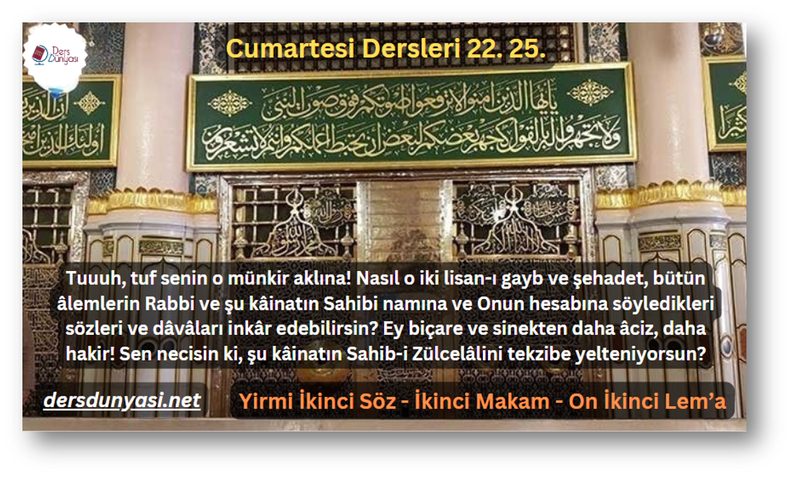 Tuuuh, tuf senin o münkir aklına! Nasıl o iki lisan-ı gayb ve şehadet, bütün âlemlerin Rabbi ve şu kâinatın Sahibi namına ve Onun hesabına söyledikleri sözleri ve dâvâları inkâr edebilirsin Ey biçare ve sinekten daha âciz, daha hakir! Sen necisin ki, şu kâinatın Sahib-i Zülcelâlini tekzibe yelteniyorsun - Cumartesi Dersleri 22. 25
