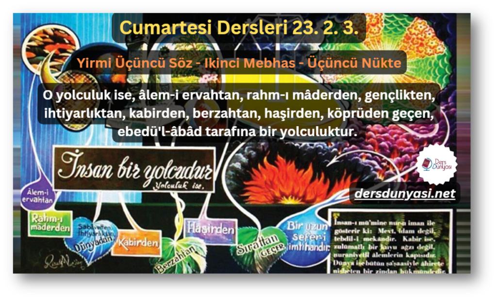 O yolculuk ise, âlem-i ervahtan, rahm-ı mâderden, gençlikten, ihtiyarlıktan, kabirden, berzahtan, haşirden, köprüden geçen, ebedü'l-âbâd tarafına bir yolculuktur. - Cumartesi Dersleri 23. 2. 3.