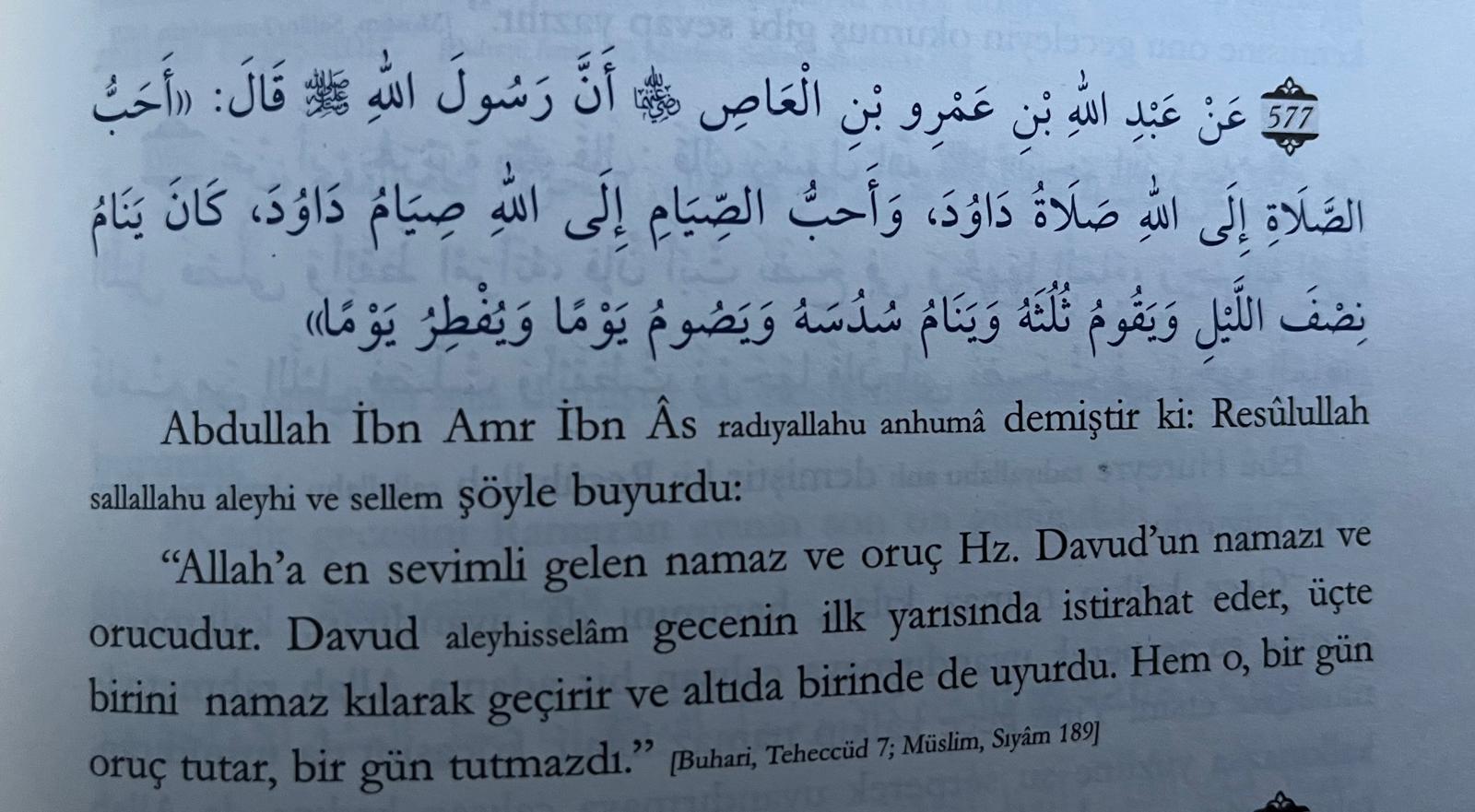 Hz. Davud A.S. gecenin ilk yarısında istirahat eder, üçte birisini namaz kılarak geçirir ve altıda birinde uyurdu. - Hadisler ve Matematik 1