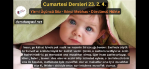 İnsan, şu kâinat içinde pek nazik ve nazenin bir çocuğa benzer: Zaafında büyük bir kuvvet ve aczinde büyük bir kudret vardır. Çünkü, o zaafın kuvvetiyle ve aczin kudretiyledir ki, şu mevcudat ona musahhar olmuş. Eğer insan zaafını anlayıp, kàlen, halen, tavren dua etse ve aczini bilip istimdad eylese, o teshirin şükrünü eda ile beraber, matlubuna öyle muvaffak olur ve maksatları ona öyle musahhar olur ki, iktidar-ı zâtîsiyle onun aşr-i mişârına muvaffak olamaz. - Cumartesi Dersleri 23. 2. 4.