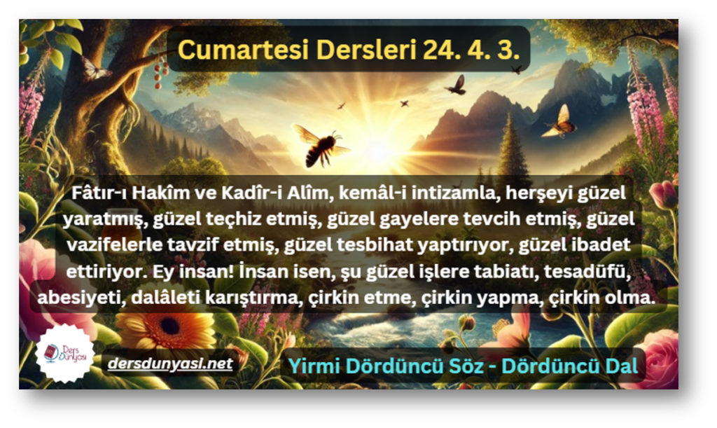 Fâtır-ı Hakîm ve Kadîr-i Alîm, kemâl-i intizamla, herşeyi güzel yaratmış, güzel teçhiz etmiş, güzel gayelere tevcih etmiş, güzel vazifelerle tavzif etmiş, güzel tesbihat yaptırıyor, güzel ibadet ettiriyor. Ey insan! İnsan isen, şu güzel işlere tabiatı, tesadüfü, abesiyeti, dalâleti karıştırma, çirkin etme, çirkin yapma, çirkin olma. - Cumartesi Dersleri 24. 4. 3.