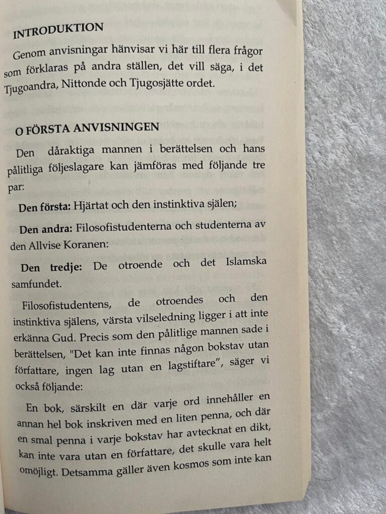 Den dåraktiga mannen i berättelsen och hans pålitliga följeslagare kan jämföras med följande tre par: Den första: Hjärtat och den instinktiva själen; Den andra: Filosofistudenterna och studenterna av den Allvise Koranen: Den tredje: De otroende och det Islamska samfundet.