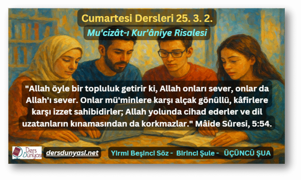 "Allah öyle bir topluluk getirir ki, Allah onları sever, onlar da Allah'ı sever. Onlar mü'minlere karşı alçak gönüllü, kâfirlere karşı izzet sahibidirler; Allah yolunda cihad ederler ve dil uzatanların kınamasından da korkmazlar." Mâide Sûresi, 5:54. - Cumartesi Dersleri 25. 3. 2.