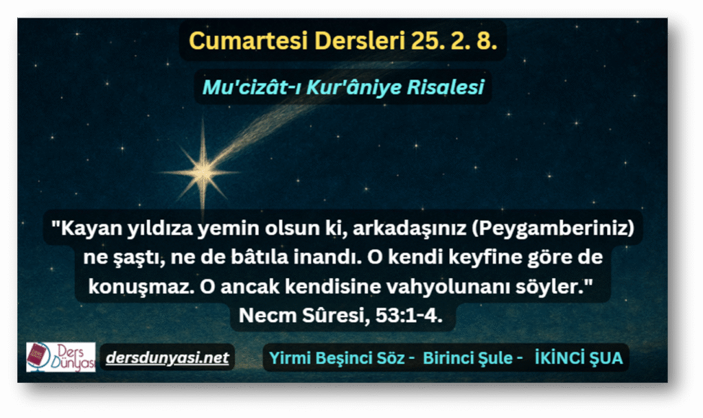 Kayan yıldıza yemin olsun ki, arkadaşınız (Peygamberiniz) ne şaştı, ne de bâtıla inandı. O kendi keyfine göre de konuşmaz. O ancak kendisine vahyolunanı söyler. Necm Sûresi, 531-4. - Cumartesi Dersleri 25. 2. 8,