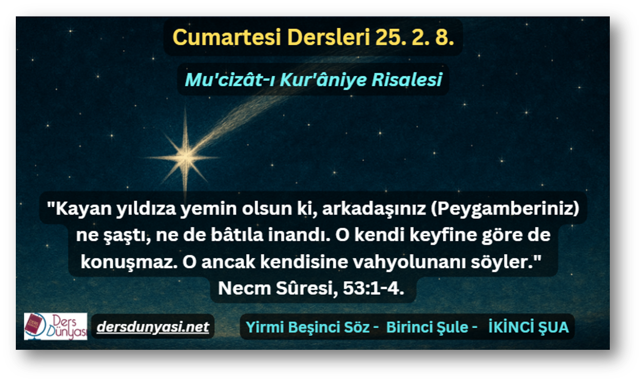 Kayan yıldıza yemin olsun ki, arkadaşınız (Peygamberiniz) ne şaştı, ne de bâtıla inandı. O kendi keyfine göre de konuşmaz. O ancak kendisine vahyolunanı söyler. Necm Sûresi, 531-4. - Cumartesi Dersleri 25. 2. 8,