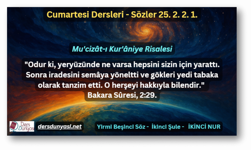 "Odur ki, yeryüzünde ne varsa hepsini sizin için yarattı. Sonra iradesini semâya yöneltti ve gökleri yedi tabaka olarak tanzim etti. O herşeyi hakkıyla bilendir." Bakara Sûresi, 2:29. - Sözler 25. 2. 2. 1.