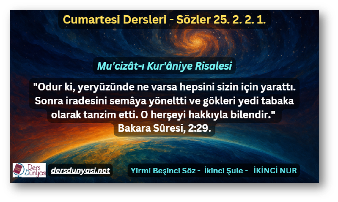 "Odur ki, yeryüzünde ne varsa hepsini sizin için yarattı. Sonra iradesini semâya yöneltti ve gökleri yedi tabaka olarak tanzim etti. O herşeyi hakkıyla bilendir." Bakara Sûresi, 2:29. - Sözler 25. 2. 2. 1.