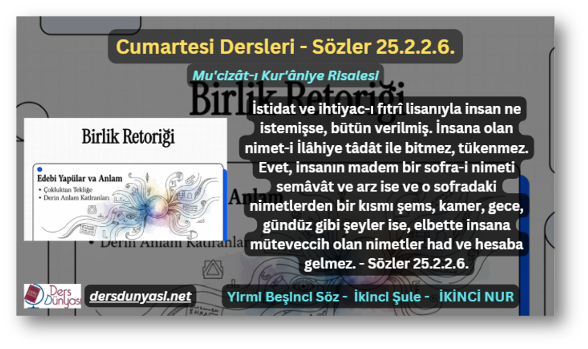 İstidat ve ihtiyac-ı fıtrî lisanıyla insan ne istemişse, bütün verilmiş. İnsana olan nimet-i İlâhiye tâdât ile bitmez, tükenmez. Evet, insanın madem bir sofra-i nimeti semâvât ve arz ise ve o sofradaki nimetlerden bir kısmı şems, kamer, gece, gündüz gibi şeyler ise, elbette insana müteveccih olan nimetler had ve hesaba gelmez. - Sözler 25.2.2.6.
