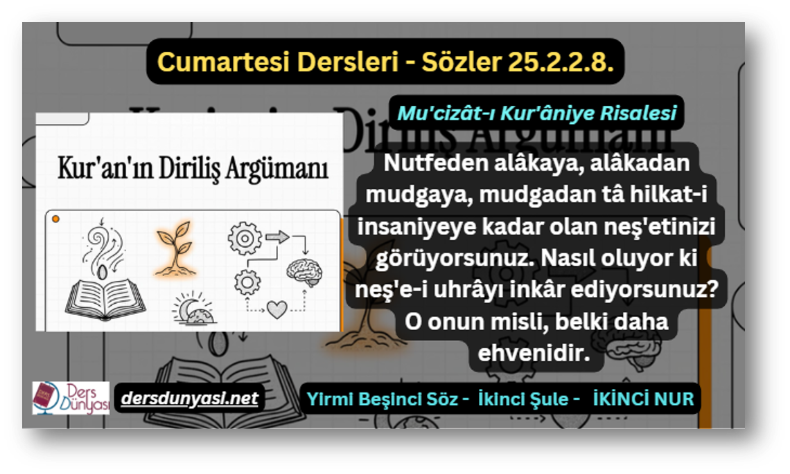 Nutfeden alâkaya, alâkadan mudgaya, mudgadan tâ hilkat-i insaniyeye kadar olan neş'etinizi görüyorsunuz. Nasıl oluyor ki neş'e-i uhrâyı inkâr ediyorsunuz? O onun misli, belki daha ehvenidir. - Sözler 25.2.2.8.