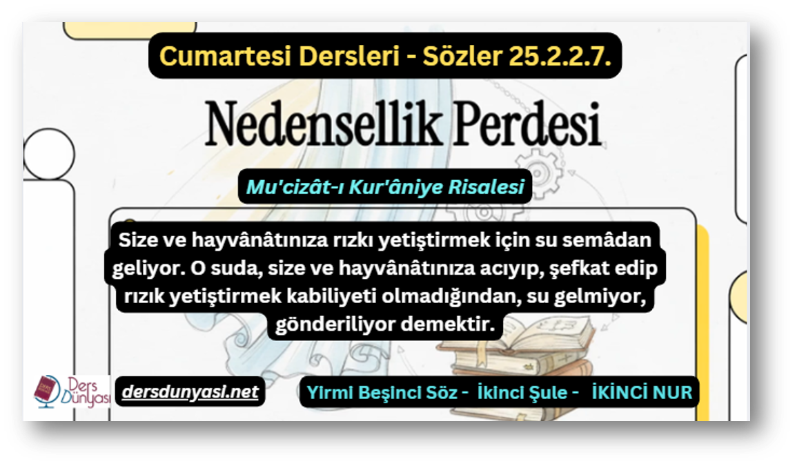 Size ve hayvânâtınıza rızkı yetiştirmek için su semâdan geliyor. O suda, size ve hayvânâtınıza acıyıp, şefkat edip rızık yetiştirmek kabiliyeti olmadığından, su gelmiyor, gönderiliyor demektir. - Sözler 25.2.2.7.