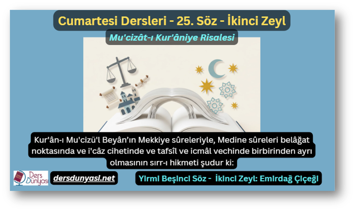 25. Söz – İkinci Zeyl: Kur'ân‑ı Mu'cizü'l Beyân’ın Mekkiye sûreleriyle, Medine sûreleri belâğat noktasında ve i'câz cihetinde ve tafsîl ve icmâl vechinde birbirinden ayrı olmasının sırr‑ı hikmeti şudur ki: