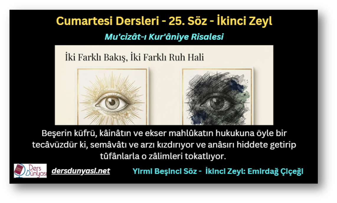 25. Söz – İkinci Zeyl: Beşerin küfrü, kâinâtın ve ekser mahlûkatın hukukuna öyle bir tecâvüzdür ki, semâvâtı ve arzı kızdırıyor ve anâsırı hiddete getirip tûfânlarla o zâlimleri tokatlıyor.