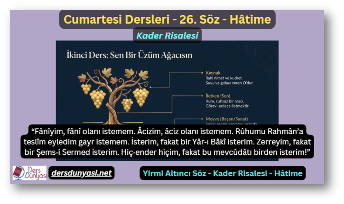 26. Söz – Kader Risalesi – Hâtime: “Fânîyim, fânî olanı istemem. Âcizim, âciz olanı istemem. Rûhumu Rahmân’a teslîm eyledim gayr istemem. İsterim, fakat bir Yâr‑ı Bâkî isterim. Zerreyim, fakat bir Şems‑i Sermed isterim. Hiç‑ender hiçim, fakat bu mevcûdâtı birden isterim!”