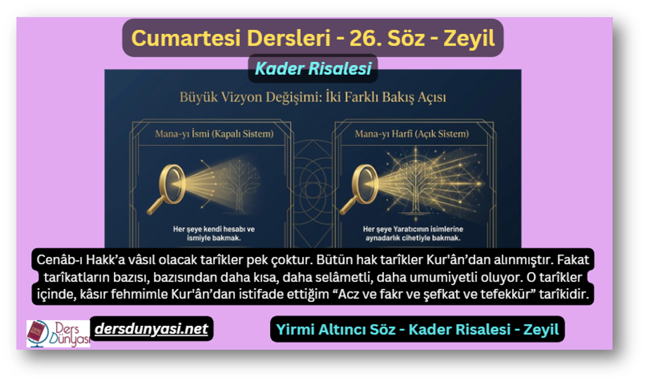 26. Söz – Kader Risalesi – Zeyil Cenâb‑ı Hakk’a vâsıl olacak tarîkler pek çoktur. Bütün hak tarîkler Kur'ân’dan alınmıştır. Fakat tarîkatların bazısı, bazısından daha kısa, daha selâmetli, daha umumiyetli oluyor. O tarîkler içinde, kâsır fehmimle Kur'ân’dan istifade ettiğim “Acz ve fakr ve şefkat ve tefekkür” tarîkidir.