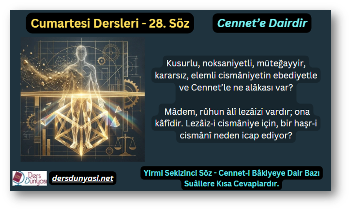 28. Söz – Cennet’e Dairdir - Kusurlu, noksaniyetli, müteğayyir, kararsız, elemli cismâniyetin ebediyetle ve Cennet’le ne alâkası var? Mâdem, rûhun àlî lezâizi vardır; ona kâfîdir. Lezâiz‑i cismâniye için, bir haşr‑i cismânî neden icap ediyor?